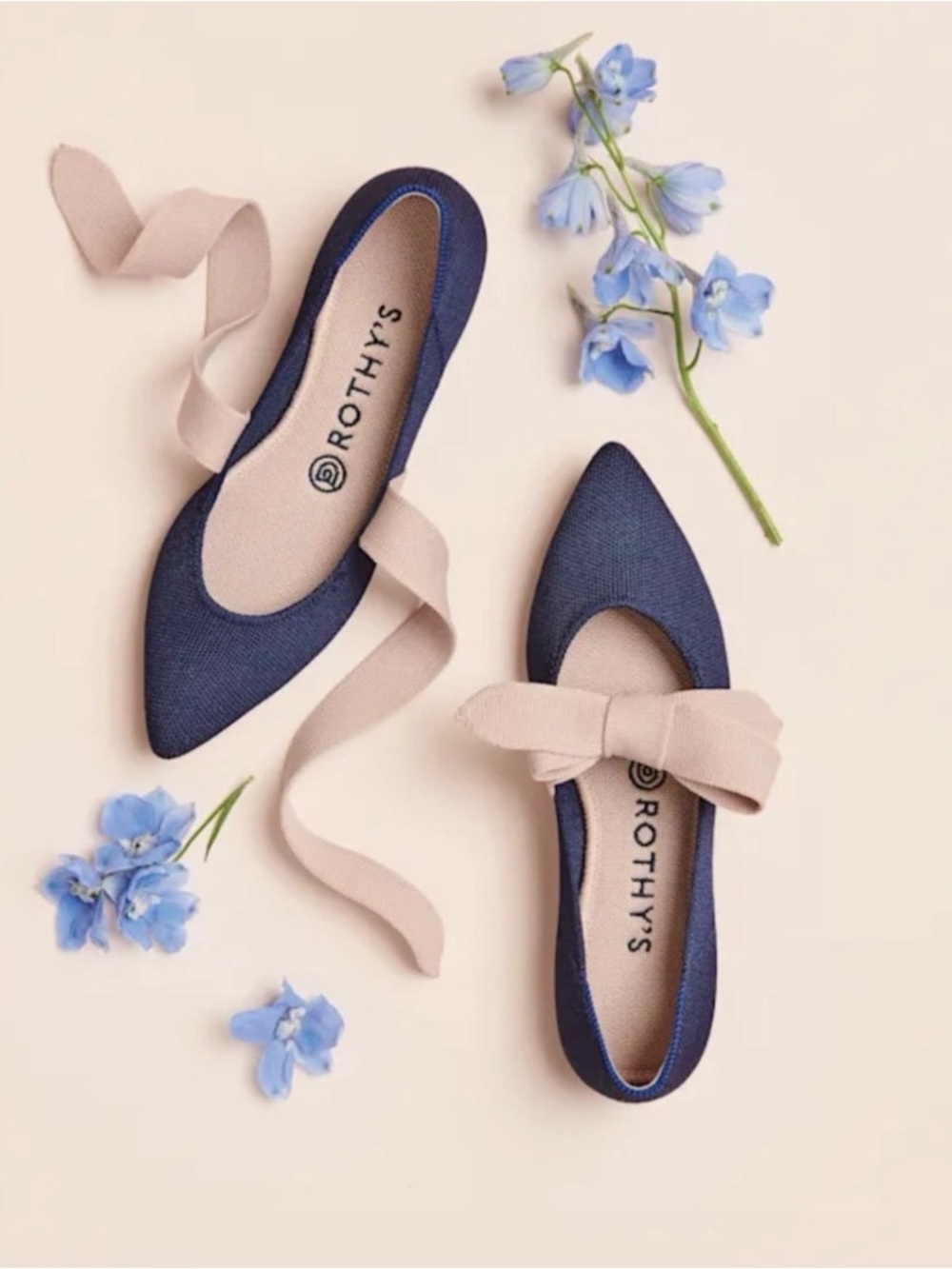 ROTHY’S Pointed Mary Jane Ballet Flats Retired Color Sapphire Blush Ribbon 8.5